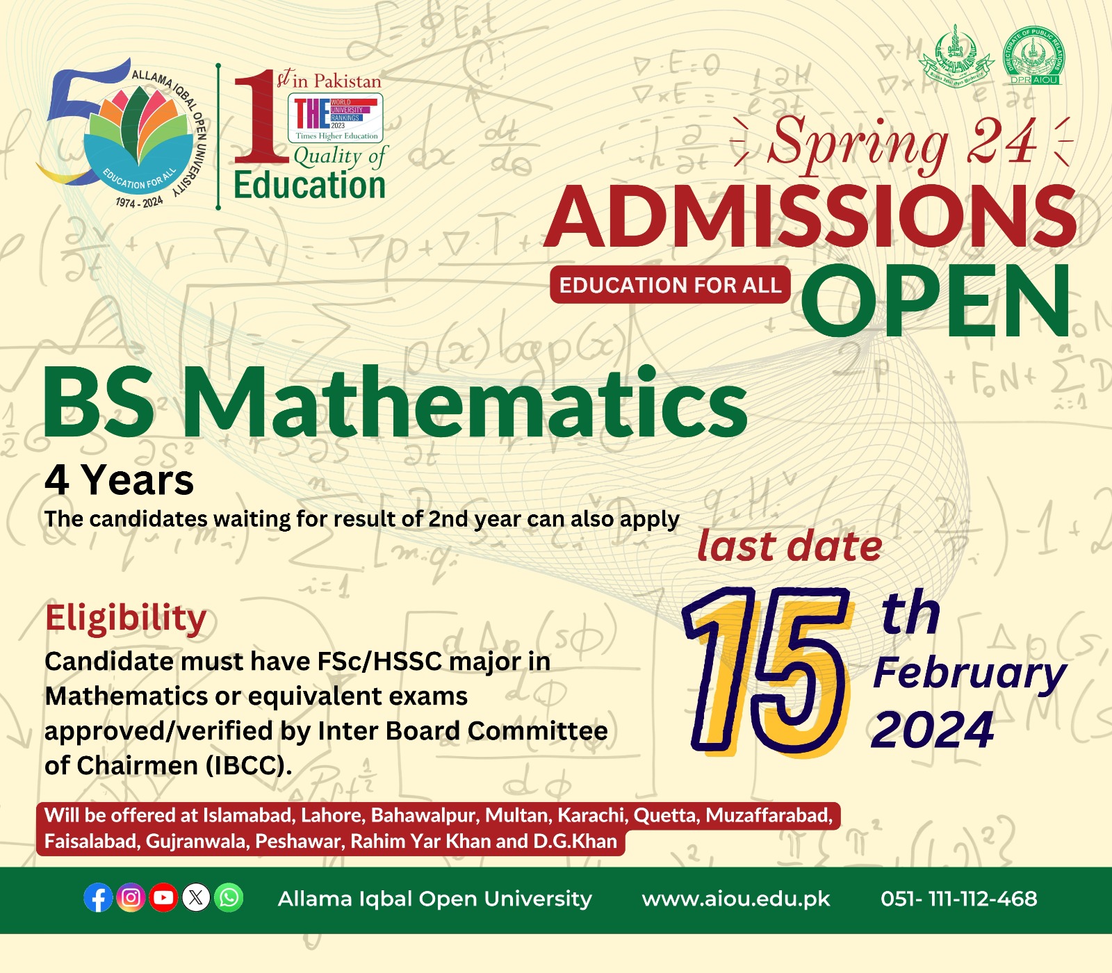 AIOU BS Mathematics  Admissions Spring Semester 2024