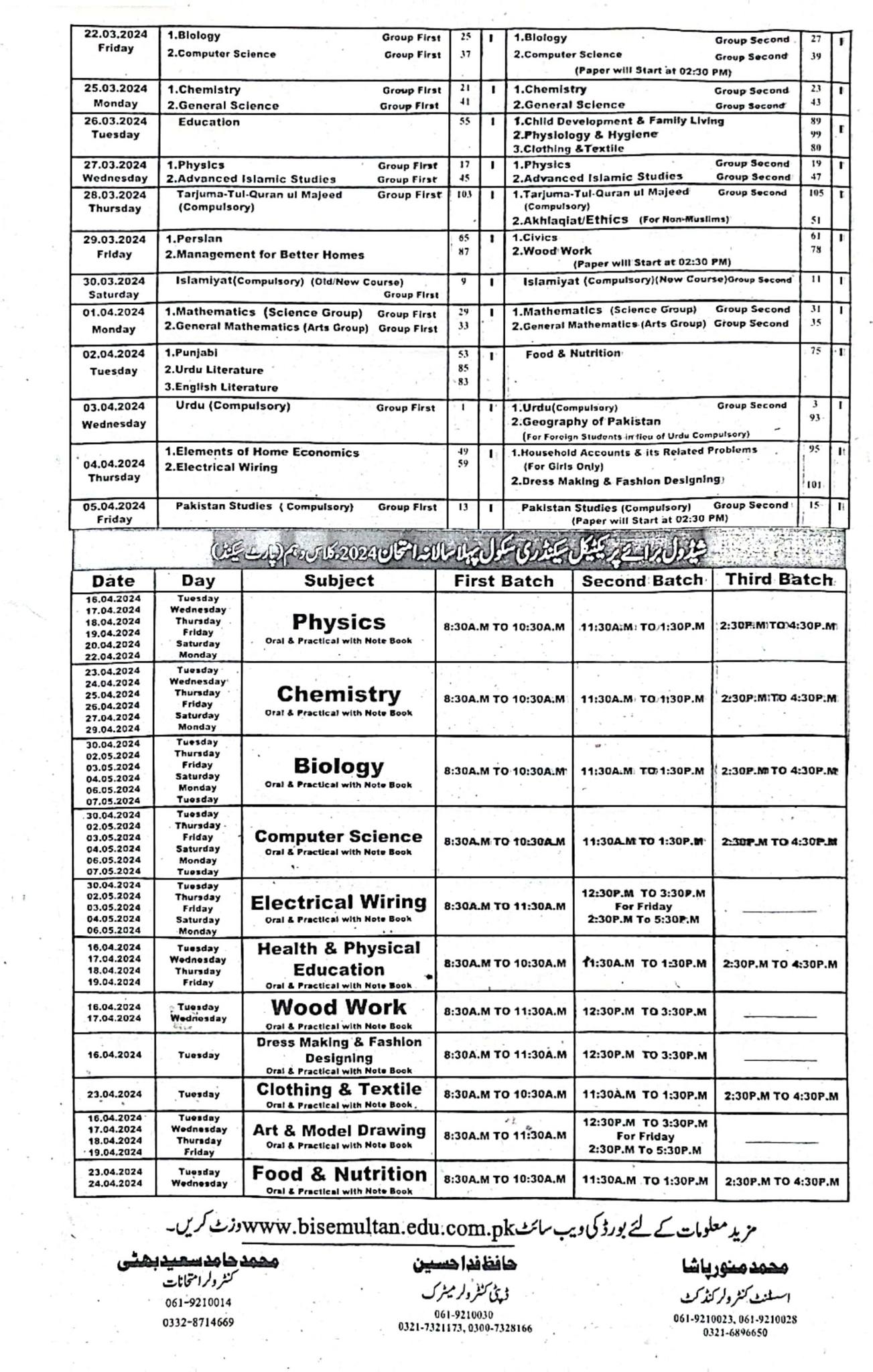 Practical Date sheet of Bise Multan SSC Part-I& II annual Examinations.