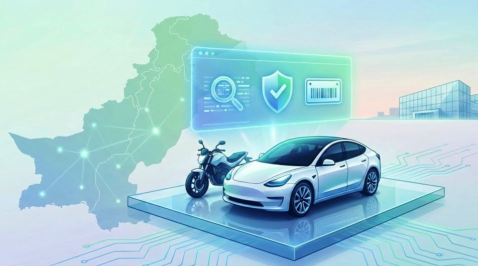Digital illustration of a car and motorcycle with a hologram showing vehicle verification icons in Pakistan, representing online vehicle registration check.