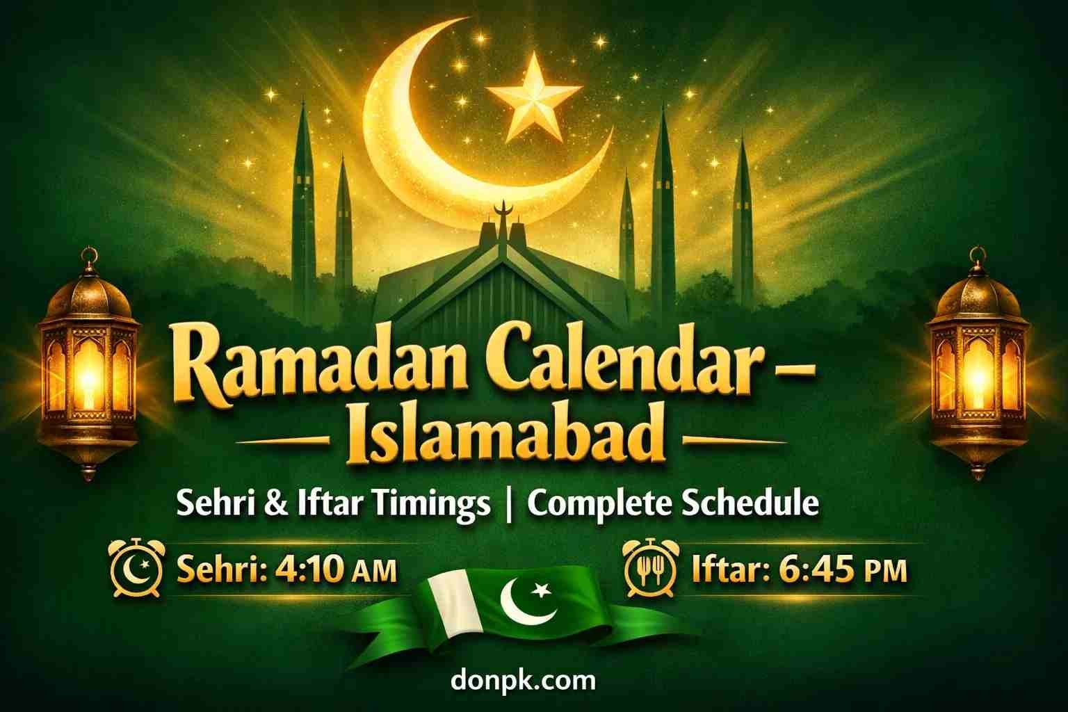 Ramadan Calendar 2026 Islamabad Pakistan with Sehri and Iftar timings featuring Faisal Mosque and Islamic crescent design