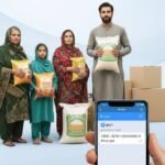 Pakistani family receiving ration support with 8171 SMS registration shown on mobile screen, representing Ehsaas Emergency Ration for poor families.