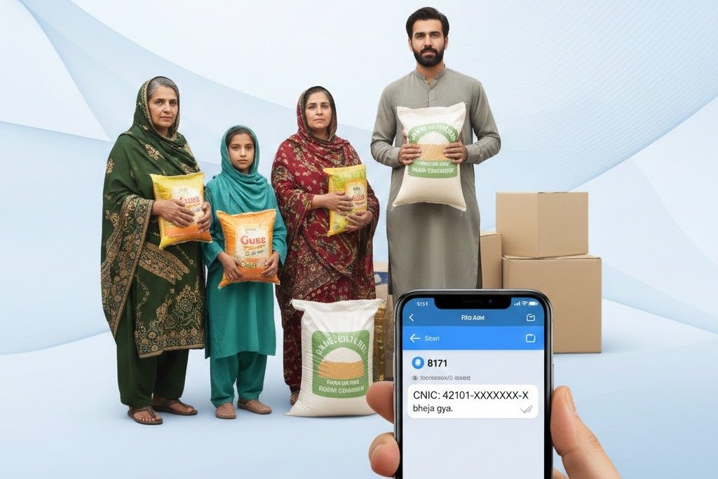 Pakistani family receiving ration support with 8171 SMS registration shown on mobile screen, representing Ehsaas Emergency Ration for poor families.