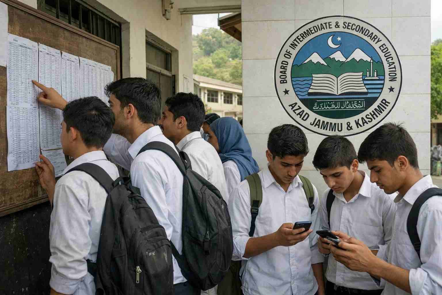 Students checking BISE AJK 9th result