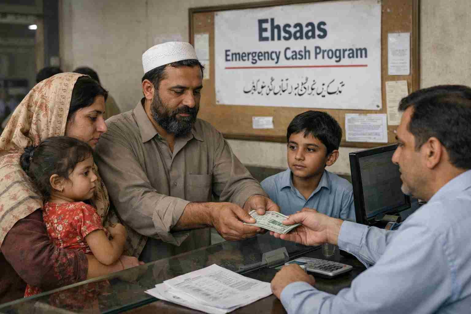 Pakistani family receiving government cash aid 